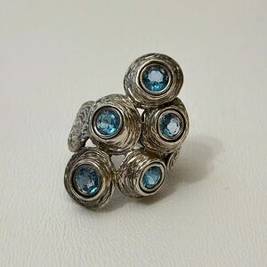 Hagit Gorali Five Blue Topaz Cluster 925 Silver Ring Israel